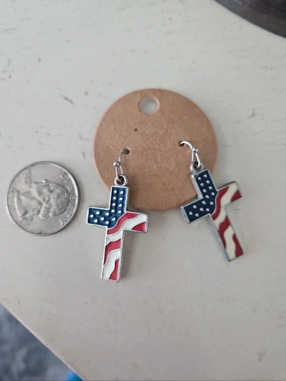 American Flag Cross Dangle Earrings Patriotic Red White Blue Enamel